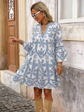 Elevate your seasonal wardrobe with this charming V-neck A-line dress, designed for effortless style. Featuring a playful ruffle hem, flare sleeves, and an all-over print in blue and white, this boho-inspired piece transitions seamlessly from country concerts to weekend getaways. The high-waist silhouette and three-quarter length sleeves offer a flattering, comfortable fit, while the woven fabric blend ensures durability. Perfect for those seeking relaxed elegance with a touch of whimsy.
