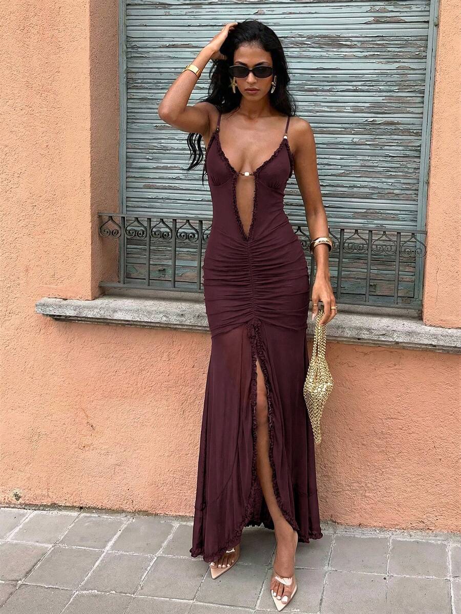 Strappy Mesh Plunge Maxi Dress with Ruffle Slit – Canary Houze