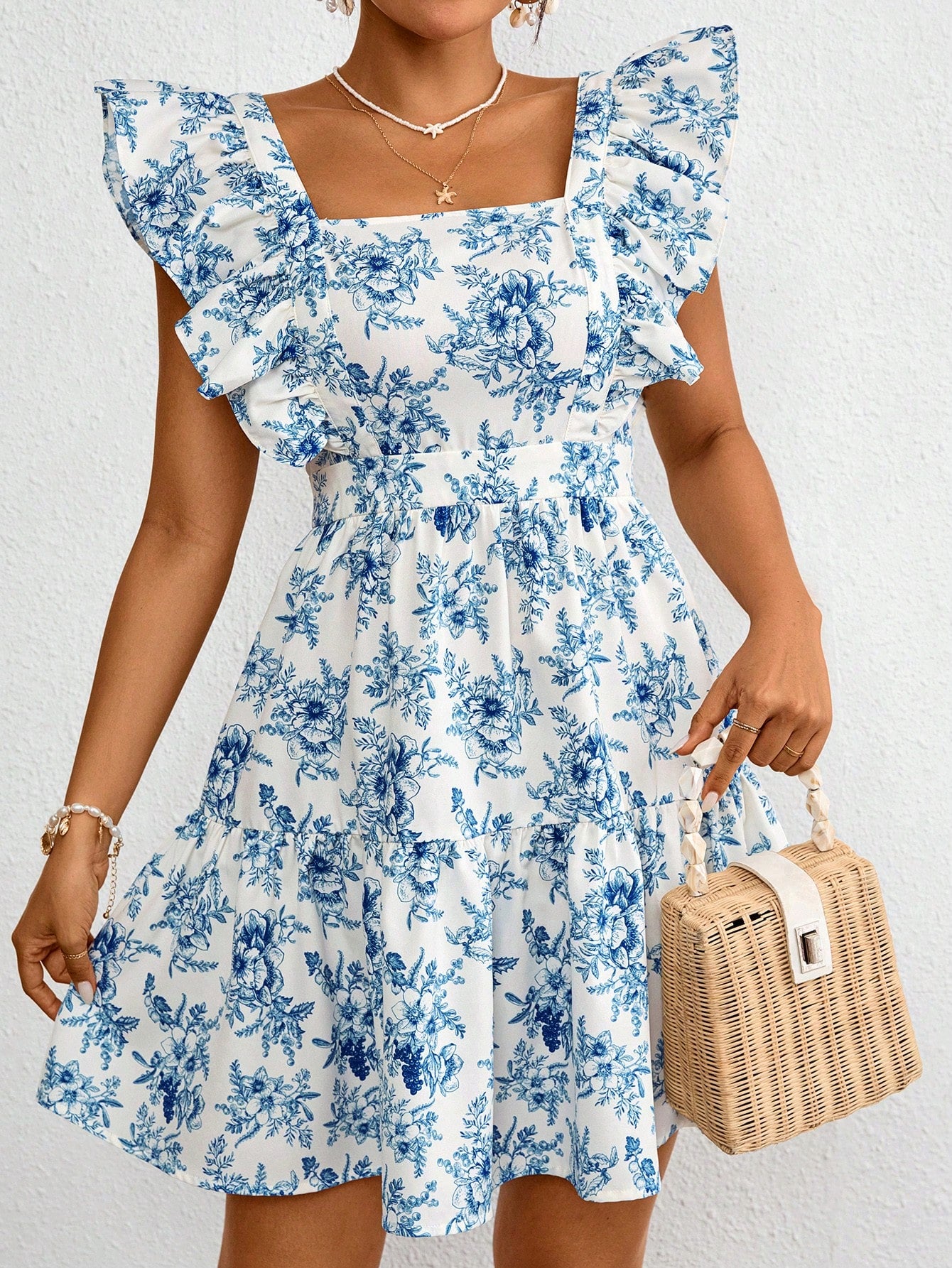 Introducing the Chic Vacation Ready Dress! Made with a woven print fabric, this dress features a trendy square neck and short sleeves. Perfect for any vacation, this dress combines style and comfort for a chic look. Get ready to turn heads with this must-have vacation essential.