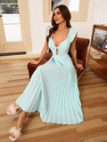 Experience chic vacation vibes with this stunning High-Waist Dress in Baby Blue. Featuring a trendy hollow-out design and pleated ruffle trim, this dress will elevate your style while keeping you comfortable in its high-waisted fit. Perfect for any getaway, this dress is a must-have for fashion-forward travelers.