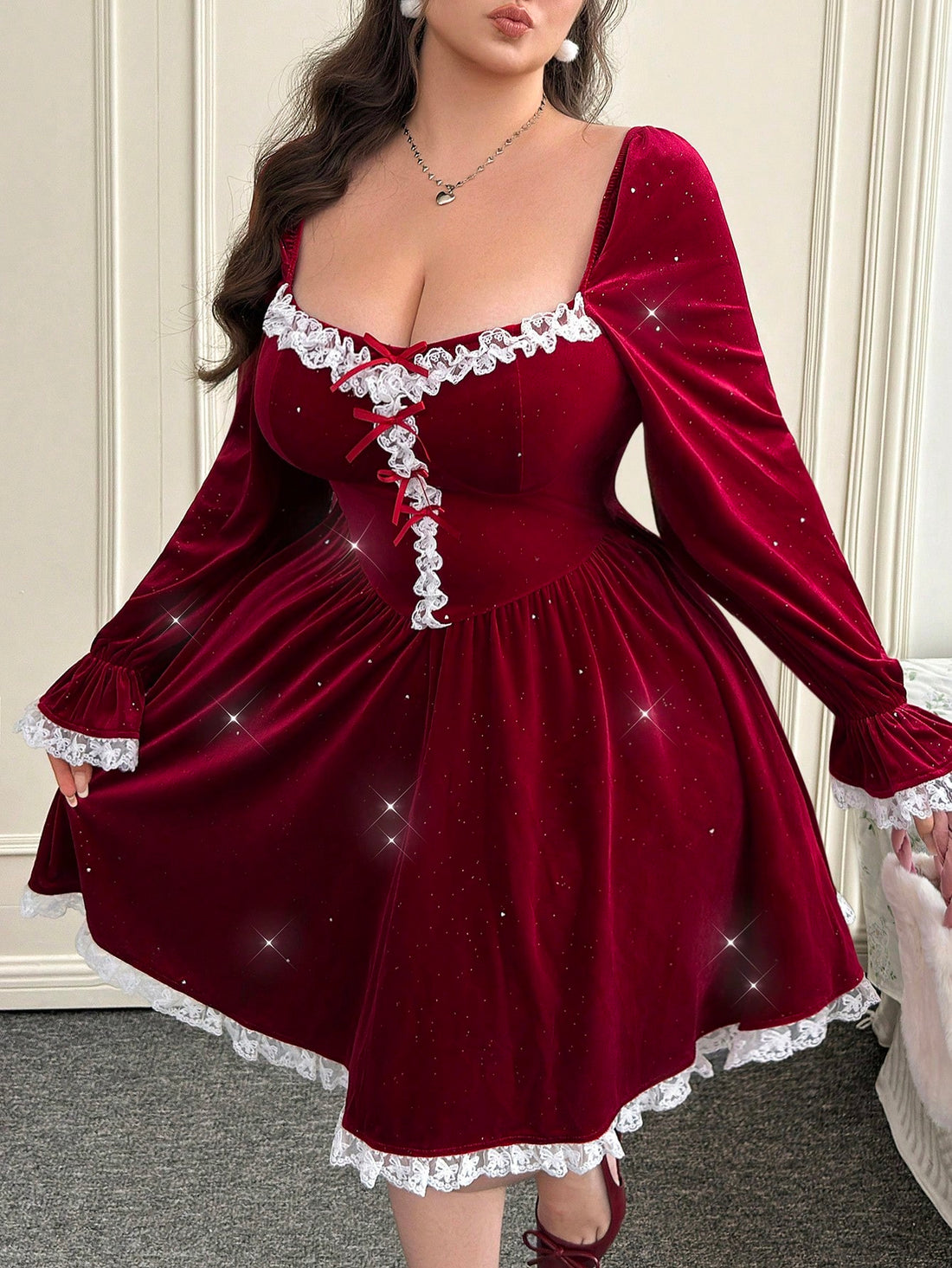 Elevate your party game with this stunning velvet dress that's equal parts glamorous and fun! Featuring luxe velvet fabric, delicate lace accents, and a charming bow detail, this plus-size beauty is designed to make you feel confident and fabulous. Perfect for holiday celebrations, Halloween soirées, or any special occasion that calls for a touch of elegance. The flattering silhouette and rich textures create an unforgettable look that turns heads and sparks joy. Dress up, stand out, and celebrate in style!