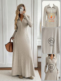 Slip into timeless elegance with this vintage-inspired beige knit maxi dress—your new go-to for cozy autumn and winter days. The crisp collared neckline adds a touch of sophistication, while the graceful flared hem creates a flattering silhouette that moves beautifully. Crafted from soft, warm knit fabric, it's the perfect piece for layering or wearing solo. Whether you're heading to brunch, a casual dinner, or just want to feel put-together while staying comfortable, this dress delivers effortless style th