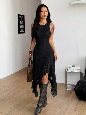 Front view of black floral lace sleeveless dress with fitted bodice and asymmetric high-low hem
