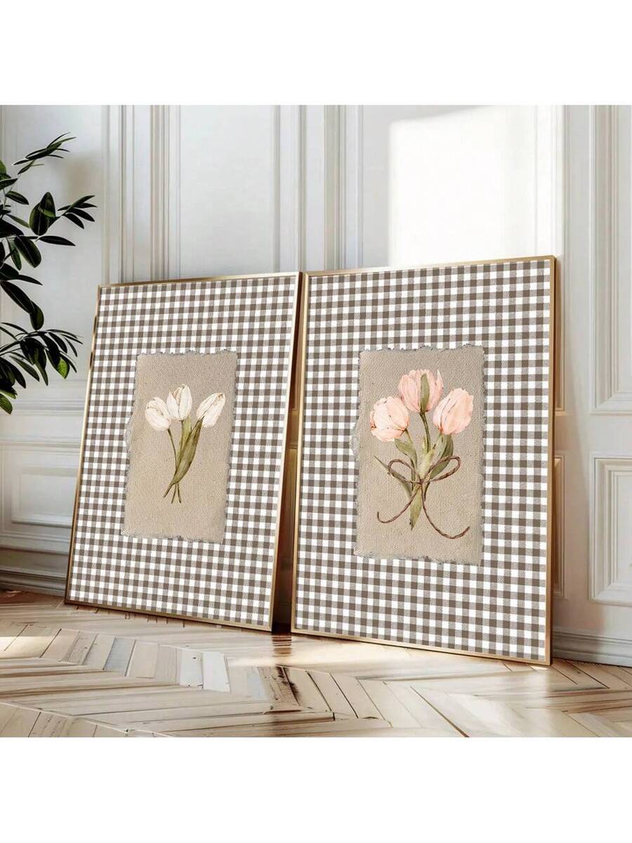Bring timeless charm to your space with this elegant set of two unframed canvas prints featuring vintage-inspired botanical tulips against a classic brown gingham background. Perfect for cottagecore enthusiasts, these pieces celebrate natural beauty and nostalgic design. The unframed format offers flexibility—display them as-is for a casual aesthetic or frame them to match your décor style.