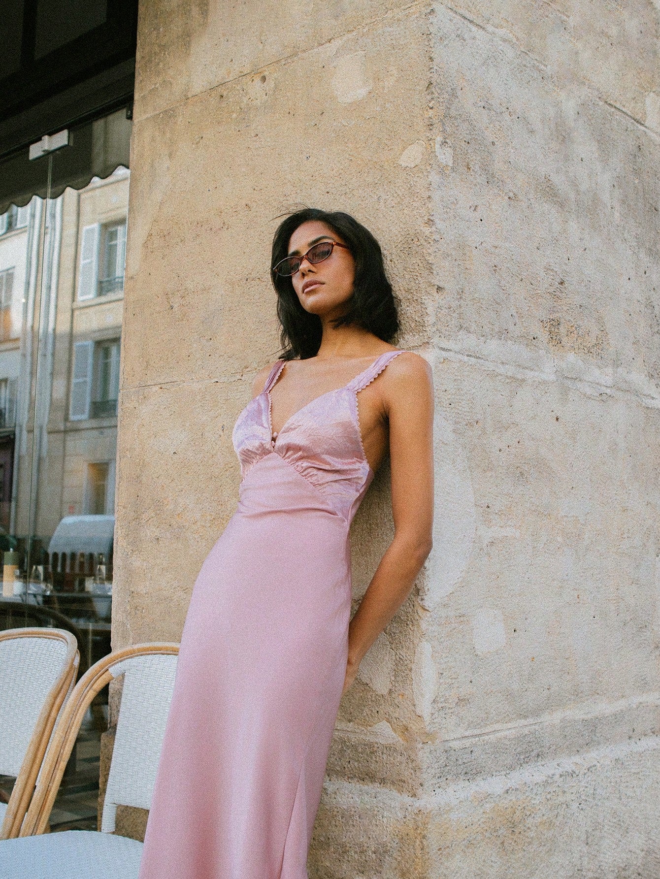 Chic Vintage Pink Satin Midi Dress with Ruched Bust for Effortless Eve – Canary Houze
