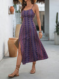 Step into effortless style with this chic vintage printed maxi dress. Featuring delicate spaghetti straps and a daring high side slit, it’s perfect for beach vacations or sunny strolls. The playful print and flowing silhouette keep you cool and confident, making every moment feel like a getaway.