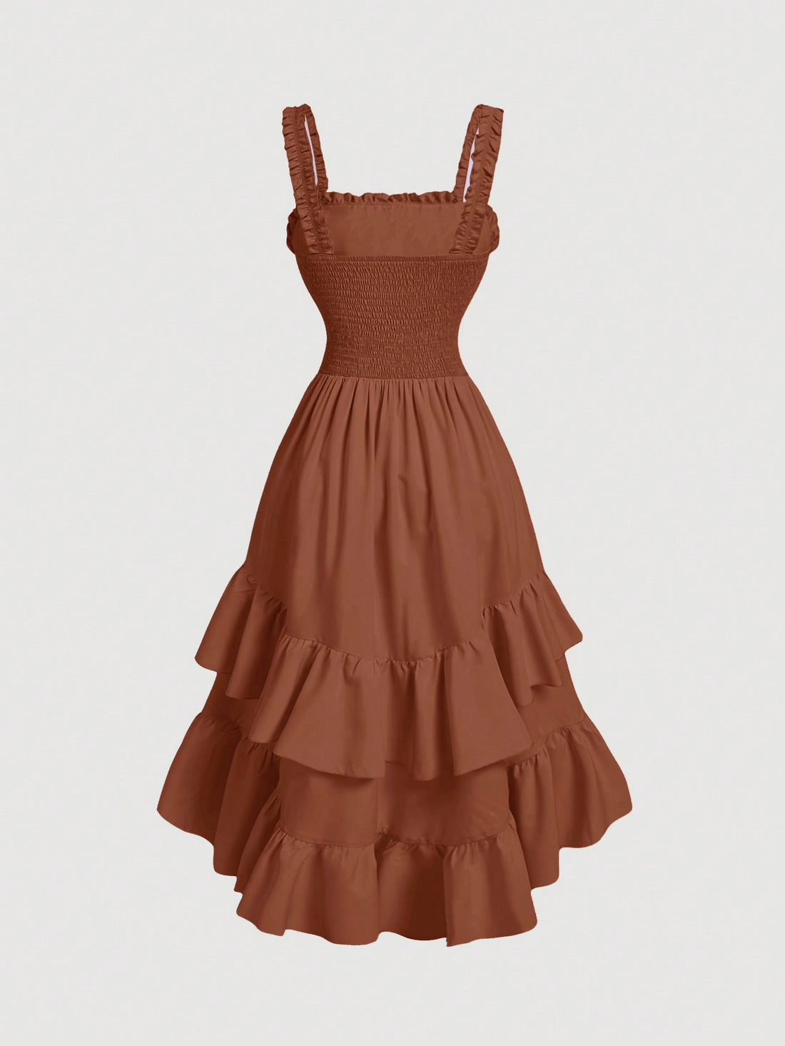 Get ready to turn heads in our Chic Vintage Ruffle Hem Dress! This brown, romantic style dress is perfect for early autumn, with its charming ruffle hem and vintage feel. Embrace your inner fashionista and add this unique piece to your wardrobe today!