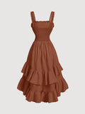 Get ready to turn heads in our Chic Vintage Ruffle Hem Dress! This brown, romantic style dress is perfect for early autumn, with its charming ruffle hem and vintage feel. Embrace your inner fashionista and add this unique piece to your wardrobe today!