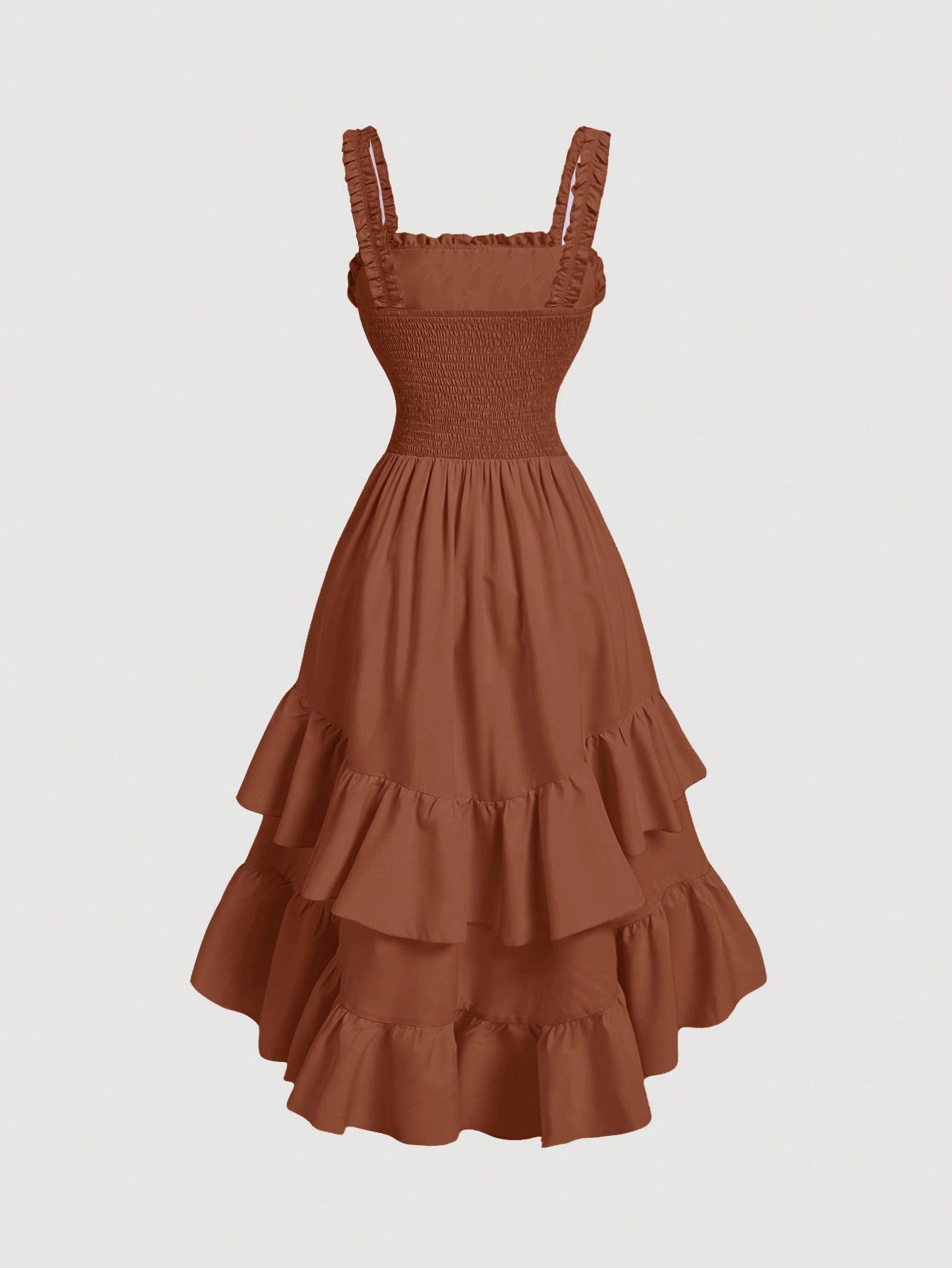 Get ready to turn heads in our Chic Vintage Ruffle Hem Dress! This brown, romantic style dress is perfect for early autumn, with its charming ruffle hem and vintage feel. Embrace your inner fashionista and add this unique piece to your wardrobe today!