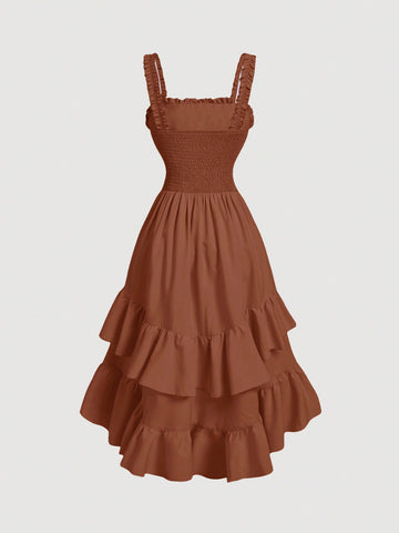 Get ready to turn heads in our Chic Vintage Ruffle Hem Dress! This brown, romantic style dress is perfect for early autumn, with its charming ruffle hem and vintage feel. Embrace your inner fashionista and add this unique piece to your wardrobe today!