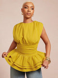 Discover effortless sophistication with the Chic Vixey Peplum Top in vibrant yellow. This woven masterpiece combines contemporary design with timeless appeal, featuring intricately ruched sleeves and a layered flared hem that creates beautiful movement. The slim fit hugs your frame while the peplum silhouette adds curves and dimension. Designed with a classic round neckline and sleeveless construction, it's ideal for warm-weather styling and festive celebrations.&nbsp;