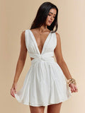 White sleeveless mini dress with gathered bust twisted waist and flared skirt