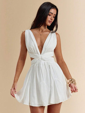 White sleeveless mini dress with gathered bust twisted waist and flared skirt