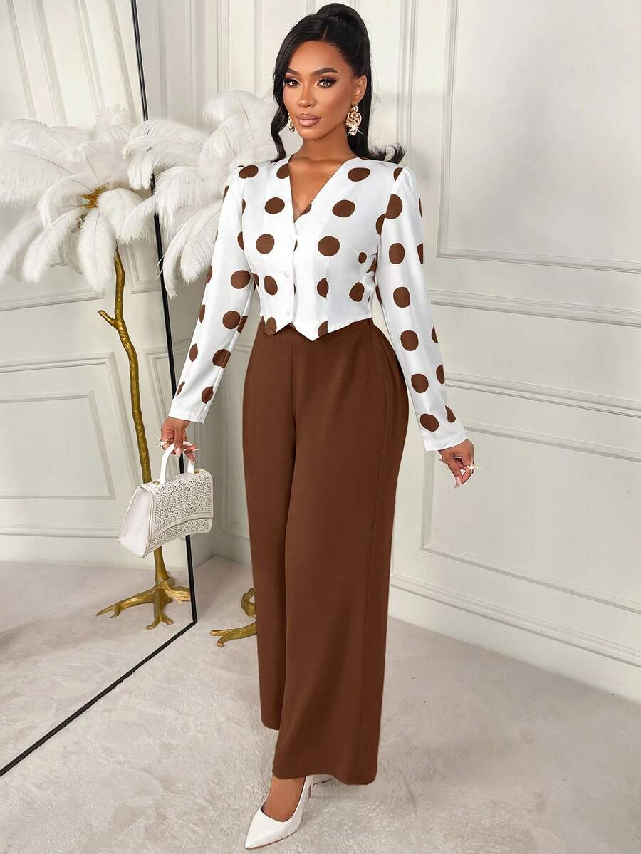 Elevate your workweek wardrobe with this charming two-piece set that effortlessly blends sophistication with fun. The crisp white top features a flattering V-neckline adorned with playful green polka dots, while the flowing wide-leg pants create a polished silhouette that moves beautifully. Perfect for transitioning from office meetings to after-work gatherings, this set brings a fresh, modern twist to classic professional style. Mix and match the pieces with your existing basics for endless outfit possibil