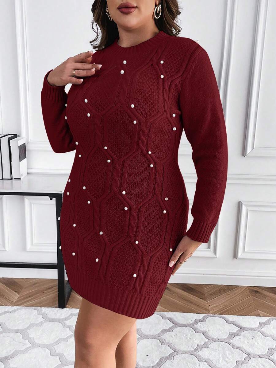 Wrap yourself in cozy charm with this plus size cable knit sweater dress, adorned with delicate pearl beads for a touch of playful elegance. Perfect for chilly days, it blends warmth and style effortlessly, making every winter moment stylishly comfortable.