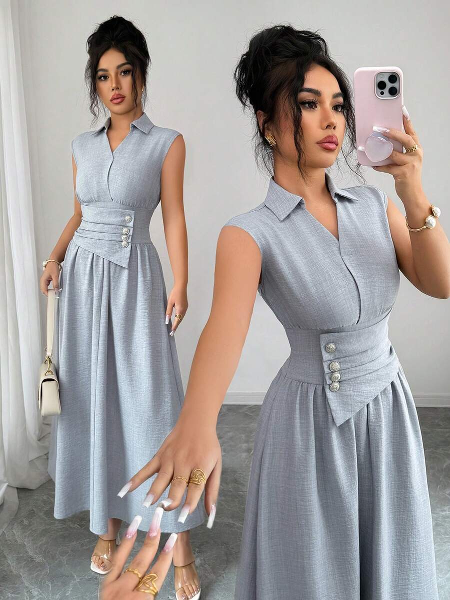 Elevate your seasonal wardrobe with this sophisticated A-line long dress, designed for effortless style during spring and summer. The distinctive collared waist detail adds a refined touch, while the flowing silhouette flatters all body types. Versatile enough for daily commutes or casual outings, this dress transitions seamlessly from office to weekend plans. Crafted for comfort and movement, it's the go-to piece for anyone seeking polished, understated elegance without sacrificing practicality.