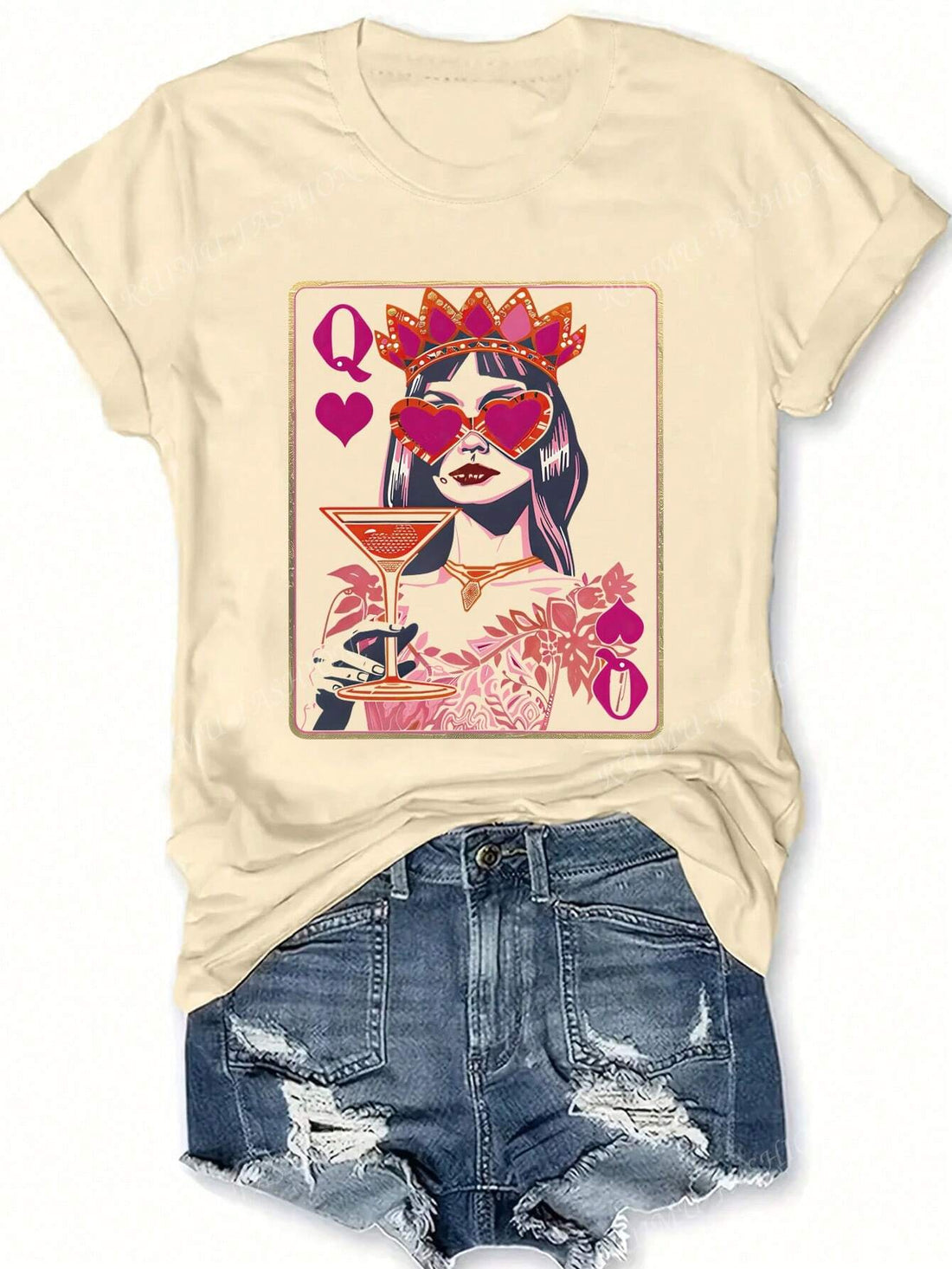 Add a splash of fun to your wardrobe with this Chic Women's Apricot Queen of Hearts Graphic T-Shirt. Its vibrant apricot hue and playful heart design make it a standout piece for any casual outing. Lightweight and comfy, it’s perfect for layering or wearing solo all year round. Embrace your inner queen and let your style shine with this charming tee!