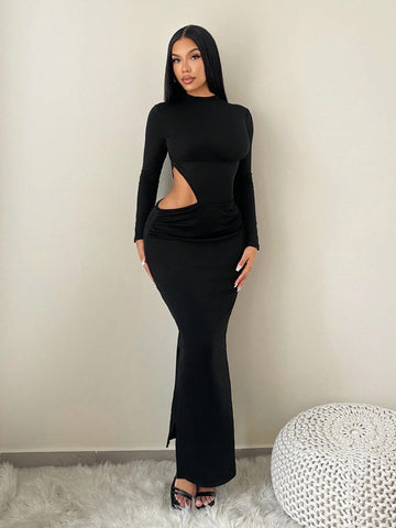 Elevate your fall wardrobe with this show-stopping dress that perfectly balances sophistication and sass. The daring waist cutout adds an unexpected flirty touch, while the thigh-high slit keeps things modern and effortless. Crafted in a rich solid color, this piece transitions seamlessly from day to night—pair it with sneakers for casual vibes or heels for a night out. It's the kind of dress that makes you feel confident, chic, and ready to turn heads.