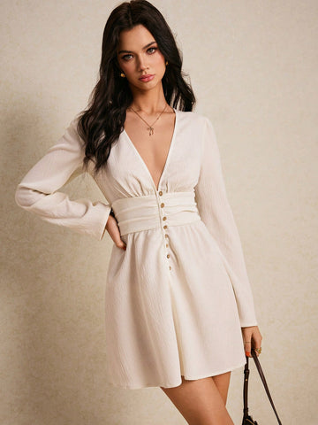 Get ready to turn heads in this Chic Women's Deep V-Neck Ruched Mini Dress! Perfect for Spring & Summer vacations, this playful dress features a flattering deep V-neck and ruched details that will accentuate your curves. Stand out in style and comfort with this must-have addition to your wardrobe.