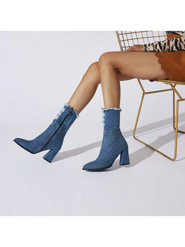 Step up your style game with these chic women's denim ankle boots! Featuring chunky high heels for a bold look and a convenient side zipper for easy wear, they’re perfect for adding a trendy twist to any outfit. Whether you're dressing up or keeping it casual, these boots bring playful flair and confident vibes to your wardrobe.
