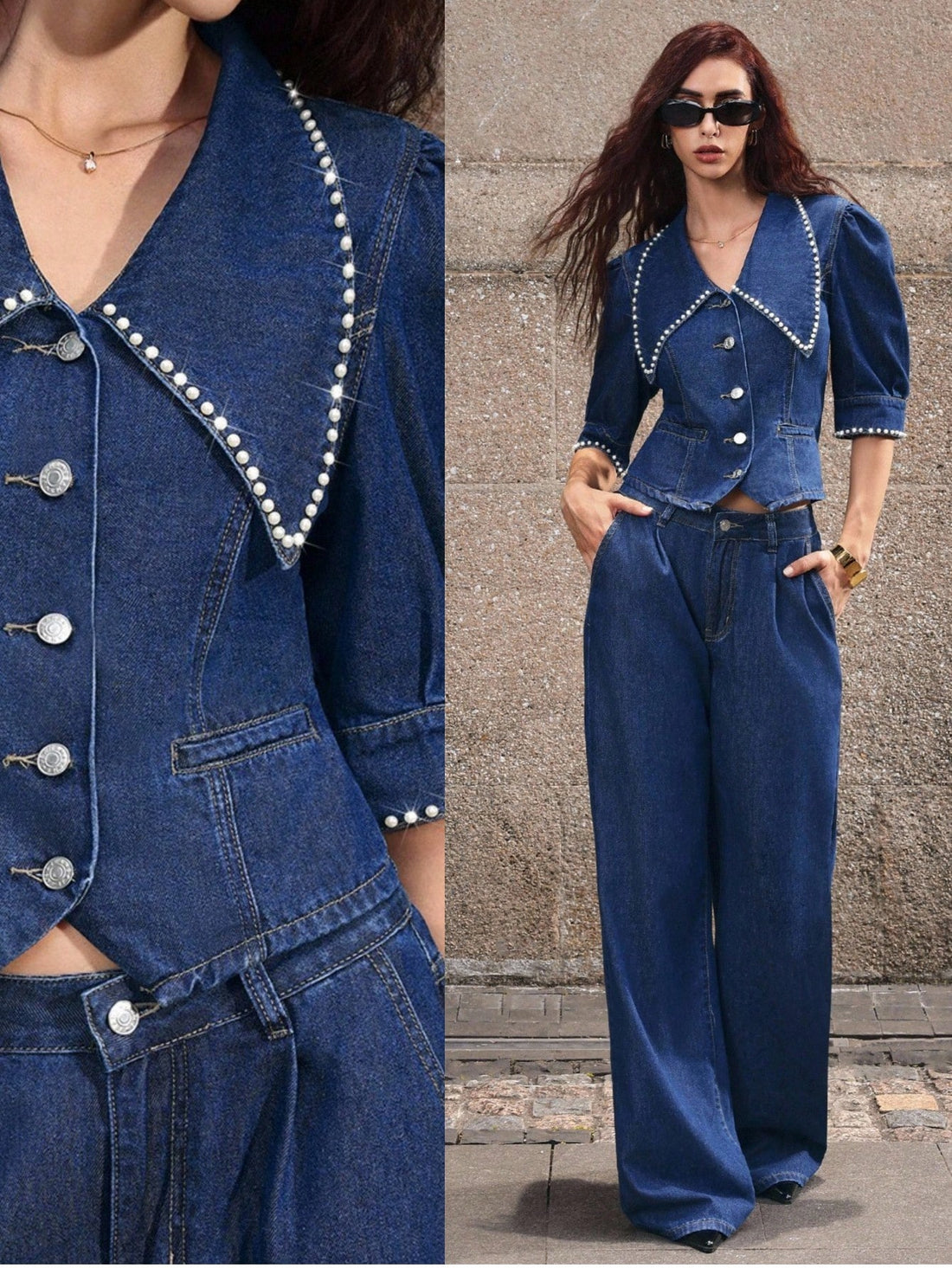 Elevate your denim game with this fabulous blouse set that's equal parts sass and sophistication! Featuring statement puff sleeves that demand attention and shimmering rhinestone accents that catch the light just right, this piece transforms your everyday look into something truly special. The classic denim construction keeps things timeless while the playful details add that modern edge you've been craving. Perfect for dressing up a casual outfit or bringing some sparkle to your weekend plans. Style it sol