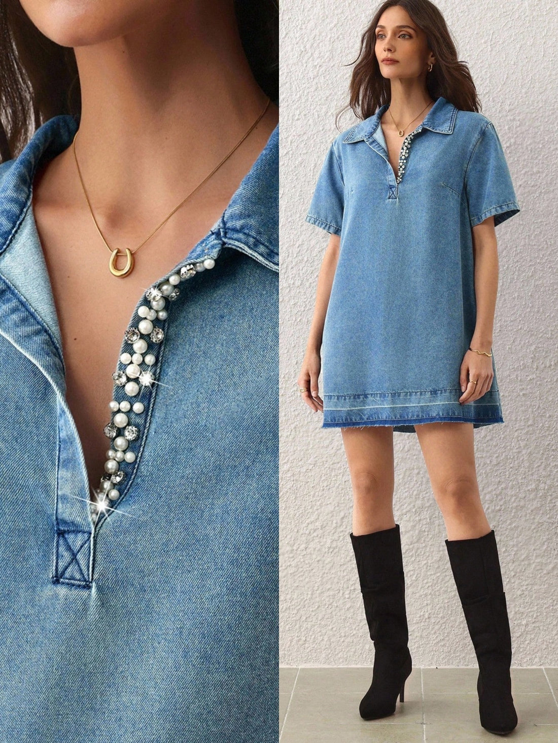 Elevate your denim game with this charming dress that's equal parts sophisticated and fun. Crafted from classic denim, it features a polished lapel collar and adorable faux pearl embellishments that add just the right amount of sparkle to your everyday look. The short sleeves keep things breezy and comfortable, while the structured silhouette flatters every frame. Perfect for casual outings, weekend brunches, or whenever you want to look put-together without trying too hard. This is the dress that makes get