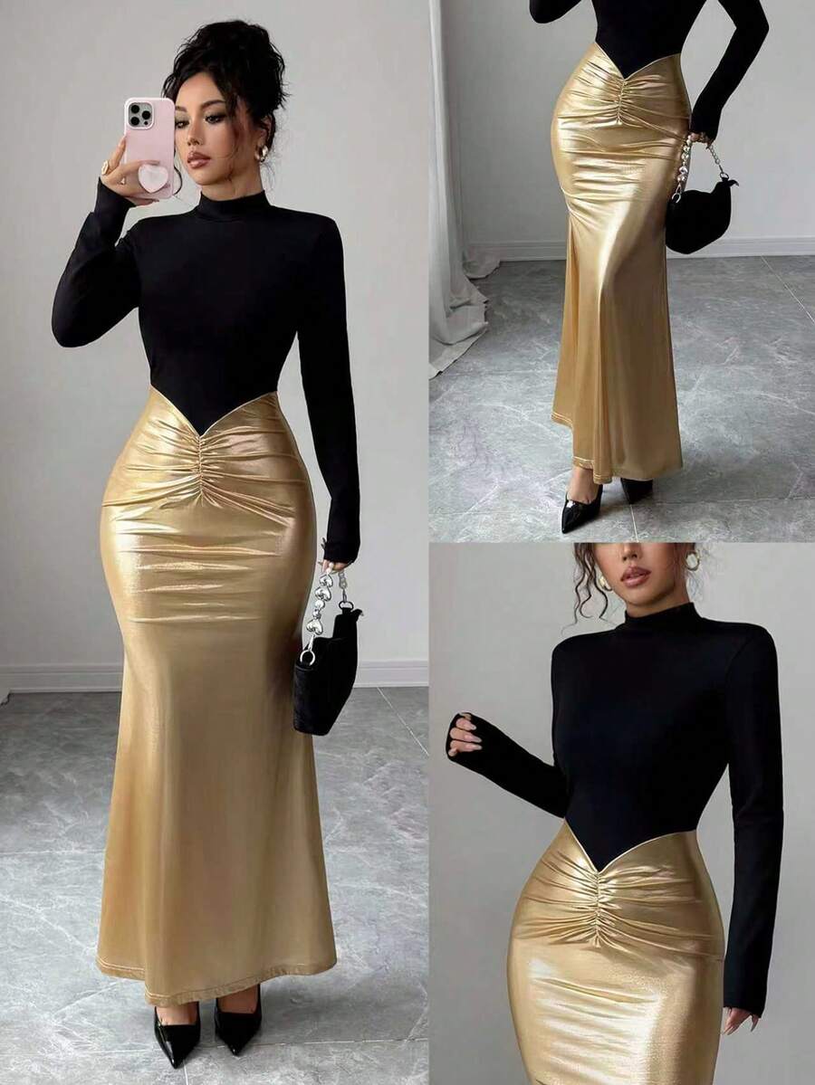 Elevate your wardrobe with this sophisticated fitted long dress, designed for the modern woman who values refined style. The sleek silhouette hugs your curves gracefully while the striking contrast color collar adds an unexpected design element that transforms a classic piece into a statement look. Perfect for elevated casual outings, professional settings, or evening events, this dress combines timeless elegance with contemporary flair. The quality construction ensures a polished appearance that works seam