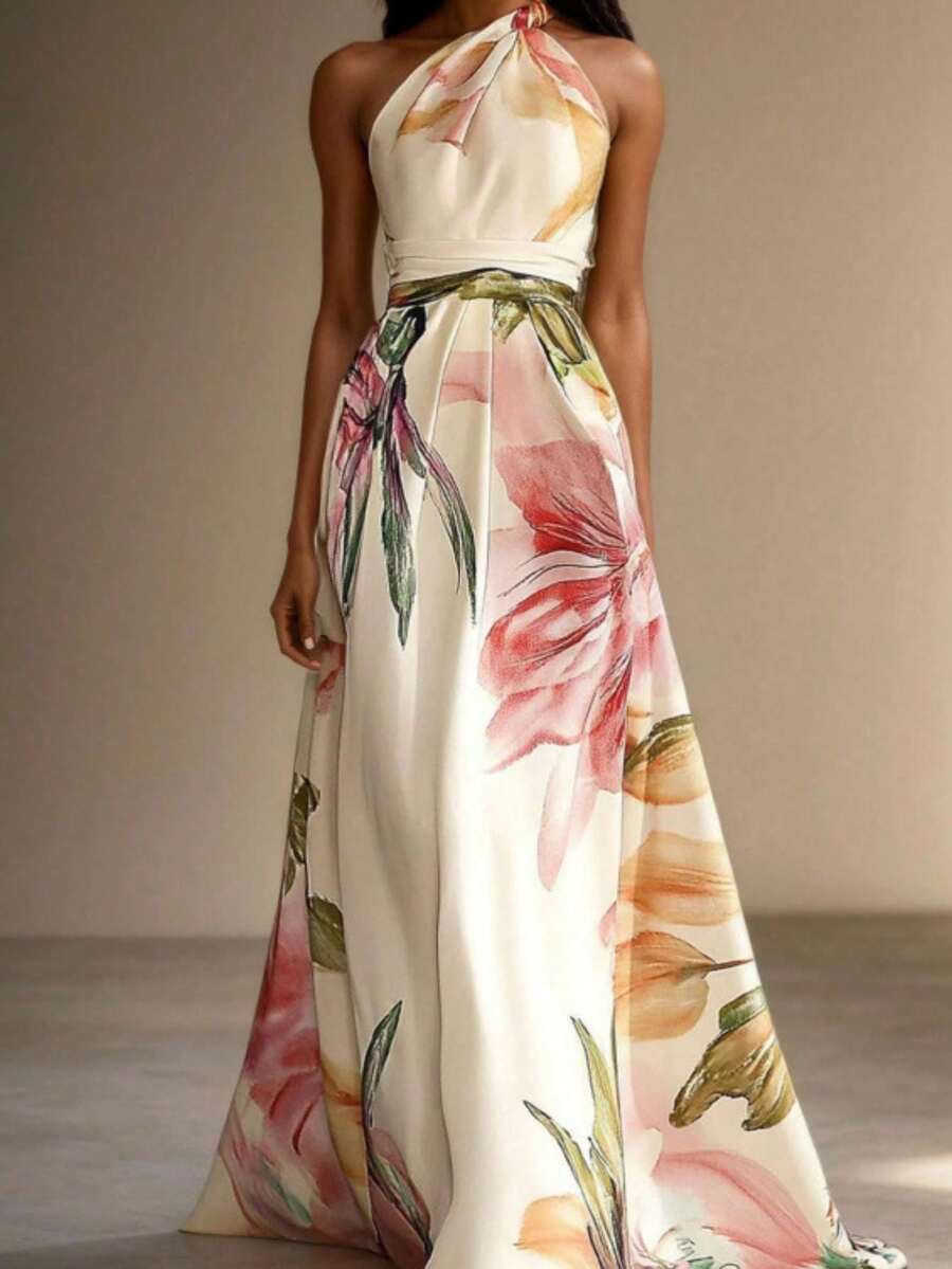 Elevate your wardrobe with this sophisticated floral long skirt, designed for women who appreciate timeless elegance. The distinctive slanted shoulder neckline adds a modern twist to a classic silhouette, creating a flattering and refined look. Perfect for weddings, formal dinners, or upscale events, this piece combines graceful draping with delicate floral detailing. The flowing length and thoughtful construction ensure comfort without compromising on style.
