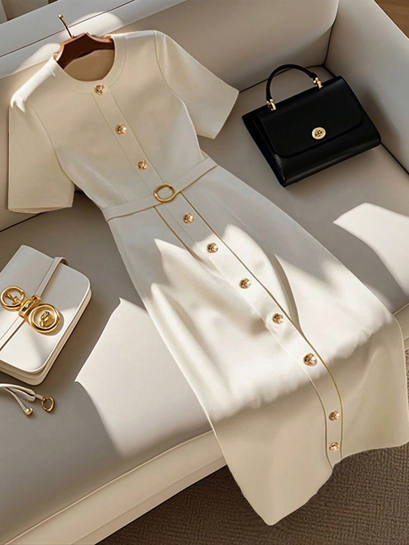 Elevate your style with our Chic Women's Midi Dress from the Clasi Collection. Featuring a belted waist, short sleeves, and a classic round neck, this dress exudes sophistication and charm. Perfect for any occasion, this dress will have you feeling both chic and comfortable.