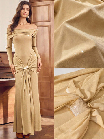 This dress is a twist on traditional fashion! Its off-shoulder design and fitted silhouette are both chic and flattering. The twist front detail adds a touch of pizzazz to the solid color, making it a stylish option for any occasion. You'll be the center of attention in this unique and playful outfit!