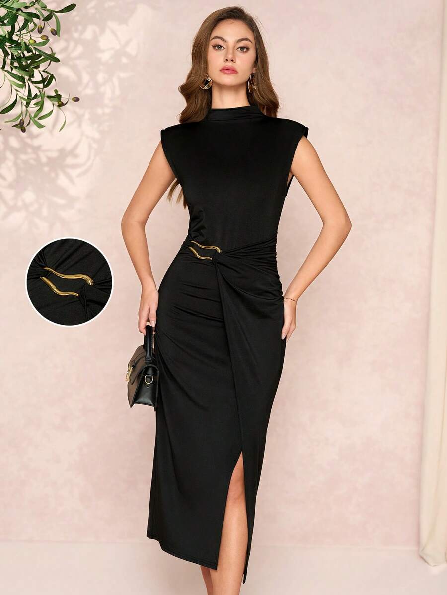 Turn heads effortlessly with this Chic Women's Padded Shoulder High Collar Wrap Dress. Featuring structured padded shoulders and a high collar, it adds a bold, fashionable edge while the wrap design flatters your silhouette. The subtle metal decor brings just the right touch of sparkle to elevate your look. Perfect for making a statement day or night!