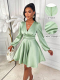 Elevate your wardrobe with this stunning satin A-line dress that effortlessly transitions from holiday parties to everyday elegance. The flattering V-neckline and romantic puff sleeves add a touch of sophistication, while the luxurious satin fabric drapes beautifully for a polished silhouette. Perfect for winter gatherings or dressing up your casual days, this versatile piece is your new go-to for looking fabulous without the fuss. Slip it on and feel the confidence!