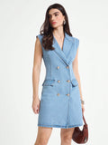 Step out in style with this chic sleeveless denim dress featuring a double-breasted lapel design. Perfect for sunny days or layering up, it combines casual comfort with a dash of sophistication. Whether you're brunching with friends or exploring the city, this dress adds a playful twist to your wardrobe essentials.