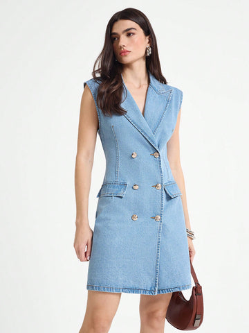 Step out in style with this chic sleeveless denim dress featuring a double-breasted lapel design. Perfect for sunny days or layering up, it combines casual comfort with a dash of sophistication. Whether you're brunching with friends or exploring the city, this dress adds a playful twist to your wardrobe essentials.