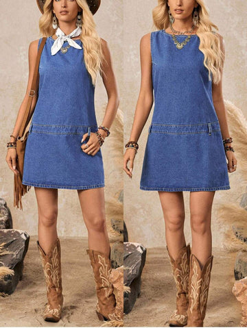 Effortlessly cool meets timeless style with this sleeveless denim dress. The classic round neckline keeps things fresh and approachable, while the convenient back zipper makes getting dressed a breeze. Perfect for layering over tees or styling solo, this versatile piece transitions seamlessly from casual weekends to dressed-up evenings. A wardrobe essential that works as hard as you do.