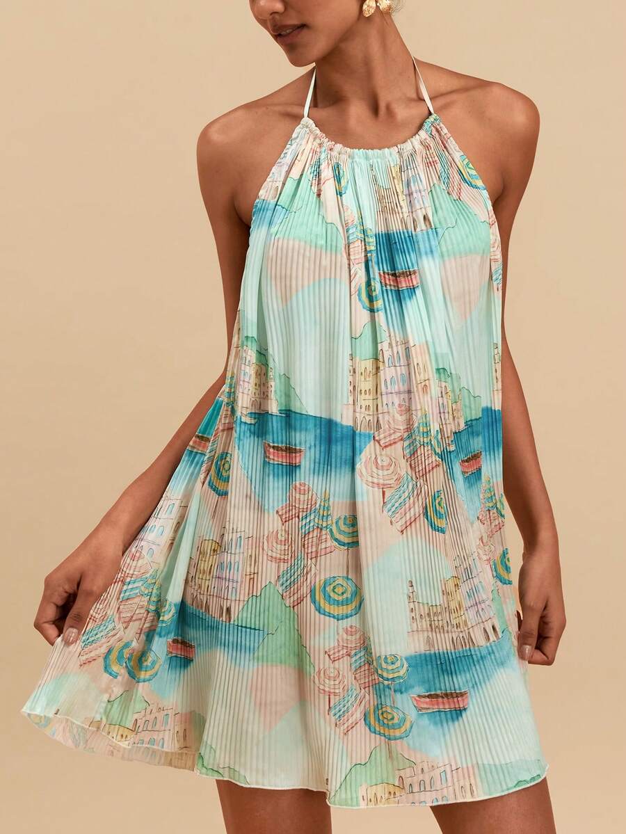 Effortless style meets boho charm in this sleeveless halter neck dress. Featuring a flattering pleated design and random print pattern, it's crafted from a lightweight woven fabric blend for all-day comfort. The natural mid-waist cut and mini length create a breezy silhouette perfect for vacations and casual outings. Regular fit, unlined construction, and easy machine wash care make this multicolor cami dress a versatile wardrobe essential.