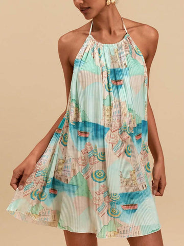 Effortless style meets boho charm in this sleeveless halter neck dress. Featuring a flattering pleated design and random print pattern, it's crafted from a lightweight woven fabric blend for all-day comfort. The natural mid-waist cut and mini length create a breezy silhouette perfect for vacations and casual outings. Regular fit, unlined construction, and easy machine wash care make this multicolor cami dress a versatile wardrobe essential.