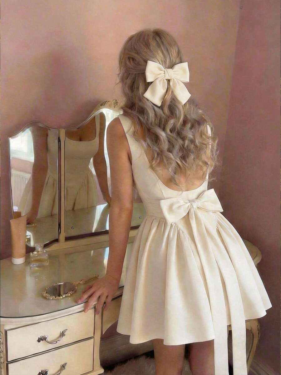 Effortless elegance meets summer style in this chic sleeveless dress. Crafted from luxurious satin, this beige beauty features a flattering regular fit with delicate straps and a stunning backless design accented by a bow detail. The shirred bodice and hidden zipper closure add refined touches, while the short length keeps things fresh and flirty. Perfect for dating, festivals, or casual outings, this versatile piece transitions seamlessly from day to night. 