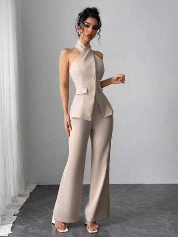 Elevate your wardrobe with this sophisticated 2-piece set featuring a sleek halter camisole and flowing flare pants. The backless halter top offers a modern, elegant silhouette perfect for office settings or special occasions, while the high-waisted flare pants provide a flattering, timeless look. Crafted from a comfortable 95% polyester and 5% elastane blend, this set moves with you throughout your day. The neutral apricot tone pairs effortlessly with accessories for versatile styling.