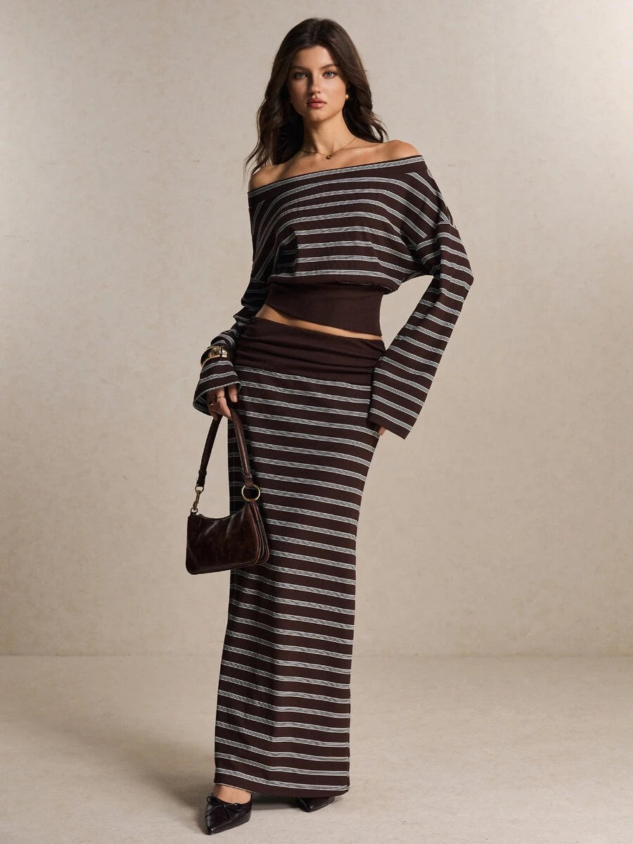Front view of brown striped off-shoulder crop top and matching long skirt outfit set
