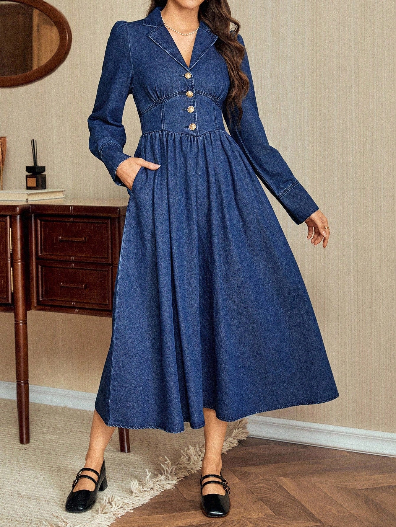 Step into fall with flair in this Chic Women's Turndown Collar Denim Dress. Its playful midi length and classic turndown collar blend casual cool with a touch of charm, making it perfect for everything from pumpkin patch visits to cozy dinners. Crafted for style and comfort, this dress effortlessly elevates your wardrobe while keeping you comfy during crisp autumn days and special occasions alike.