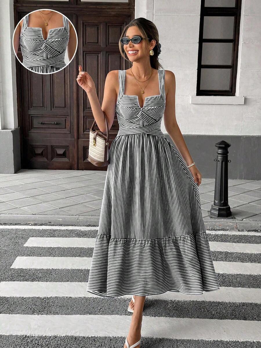 Chic Women's V-Neck Striped Criss-Cross Dress for Effortless Style – Canary  Houze