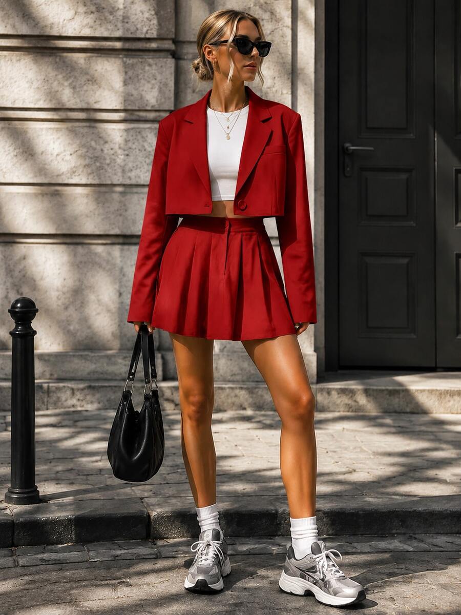 Front view of red cropped blazer and pleated mini skirt two-piece outfit with pointed lapels
