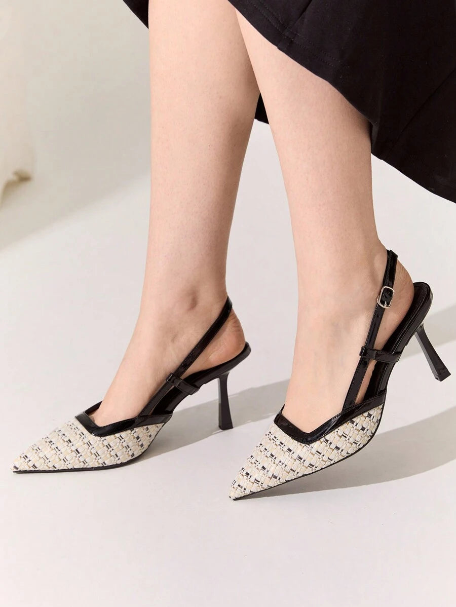 Step out in style with these Chic Woven Color Block Pointed Toe High Heels. Their playful color block design and elegant pointed toe add a fun twist to any romantic outing. The backless silhouette keeps things flirty and fresh, making these heels the perfect match for your dressiest moments. Comfortable enough to dance the night away, they bring a pop of personality to your look with every step.