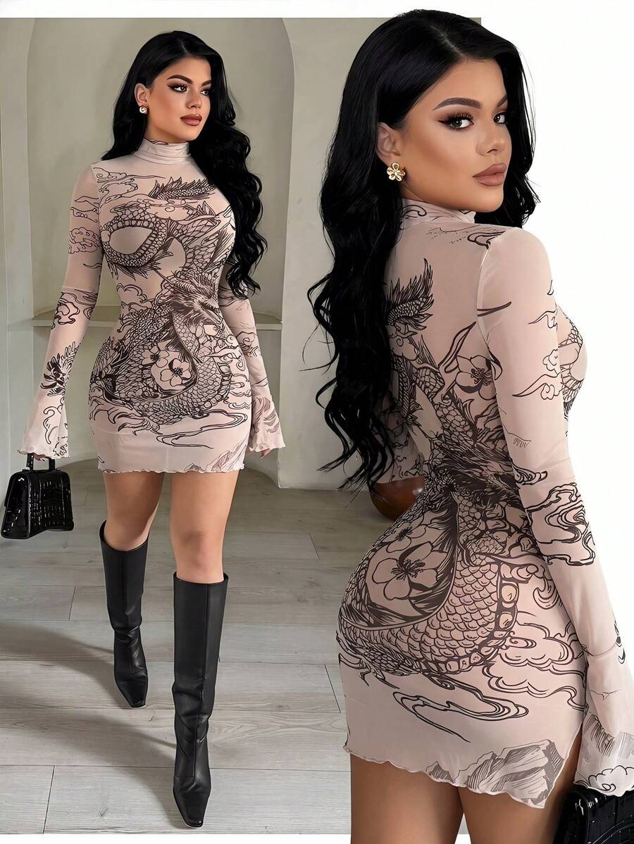 Blush mesh high neck bodycon mini dress with dragon print front and back collage