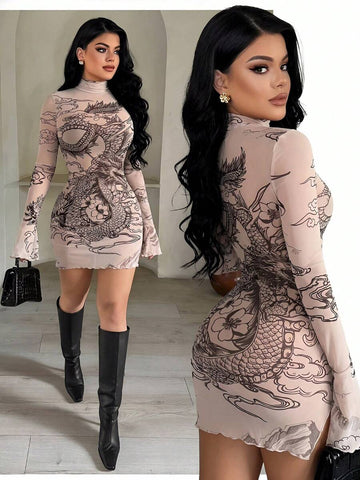 Blush mesh high neck bodycon mini dress with dragon print front and back collage