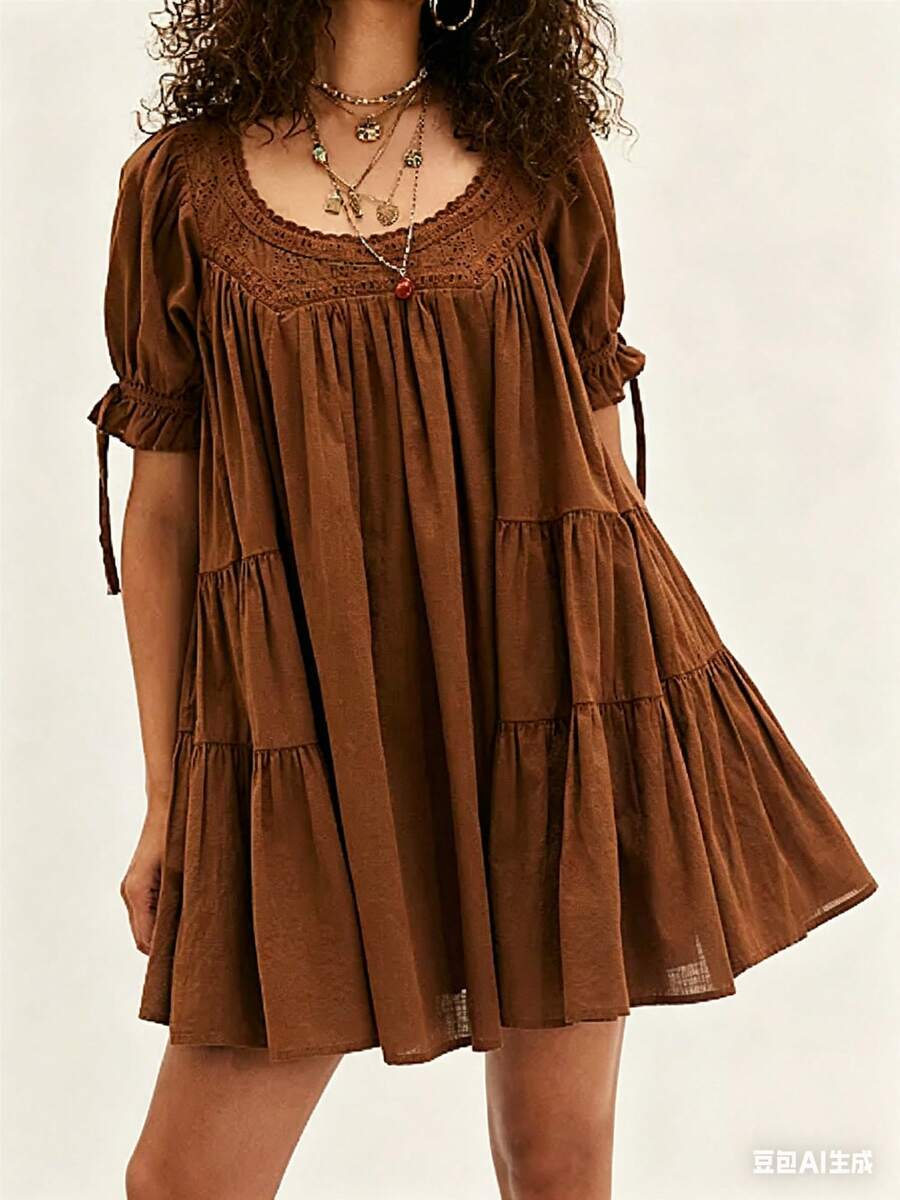 Embrace effortless Y2K charm with this adorable puff sleeve babydoll mini dress. Featuring delicate ruffle lace trim and a flattering high-waist silhouette, this piece transitions seamlessly from day to night. The round neckline and flared hem create a playful, feminine look perfect for dating, street style, or casual outings. Crafted from breathable 95% cotton and 5% polyester blend with medium stretch for comfort and movement. The unlined design keeps you cool during warm weather.