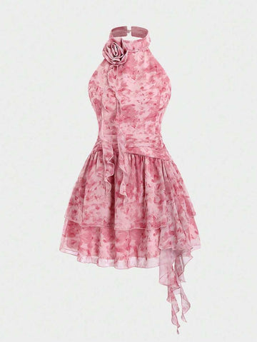 Front view of pink floral halter fit-and-flare mini dress with 3D rosette