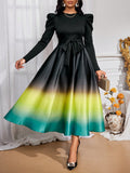 This chic yellow satin dress features a stunning gradient design and elegant long sleeves. The luxurious fabric and A-line cut provide a flattering fit, making it a versatile and sophisticated choice for any occasion. Elevate your style with this elegant piece.