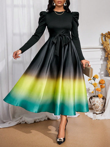 This chic yellow satin dress features a stunning gradient design and elegant long sleeves. The luxurious fabric and A-line cut provide a flattering fit, making it a versatile and sophisticated choice for any occasion. Elevate your style with this elegant piece.